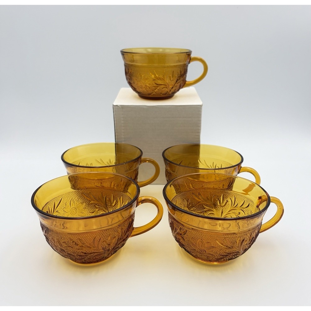 Vintage Anchor Hocking Amber Depression Glass Sandwich Tea Cups Mugs Set of 5